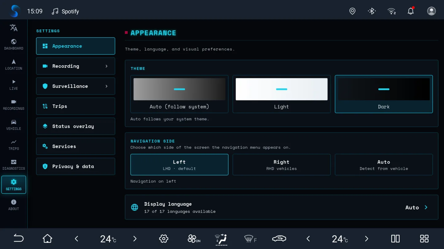 BladeWatch appearance settings on a BYD DiLink v3 head unit