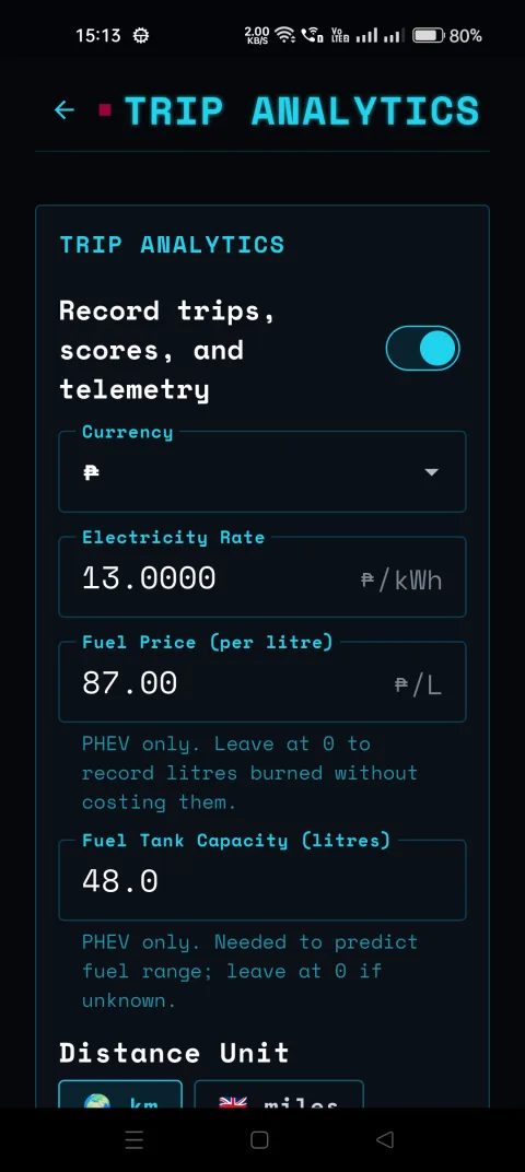 BladeWatch companion app trip analytics and cost rates for a BYD car