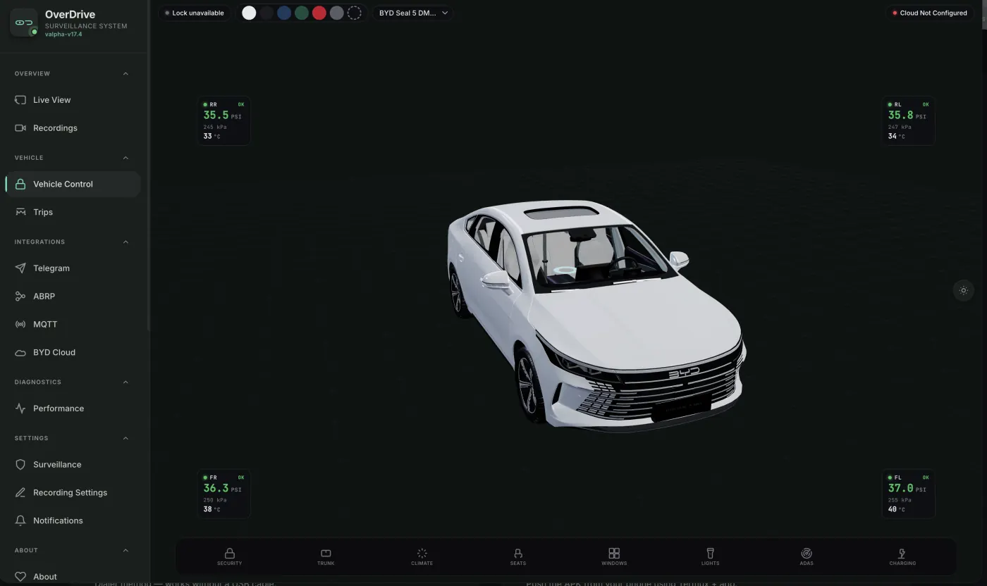 Overdrive app interface on the BYD Seal 5 DM-i head unit